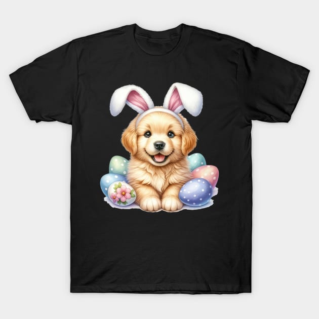 Puppy Golden Retriever Bunny Ears Easter Eggs Happy Easter T-Shirt by cyberpunk art